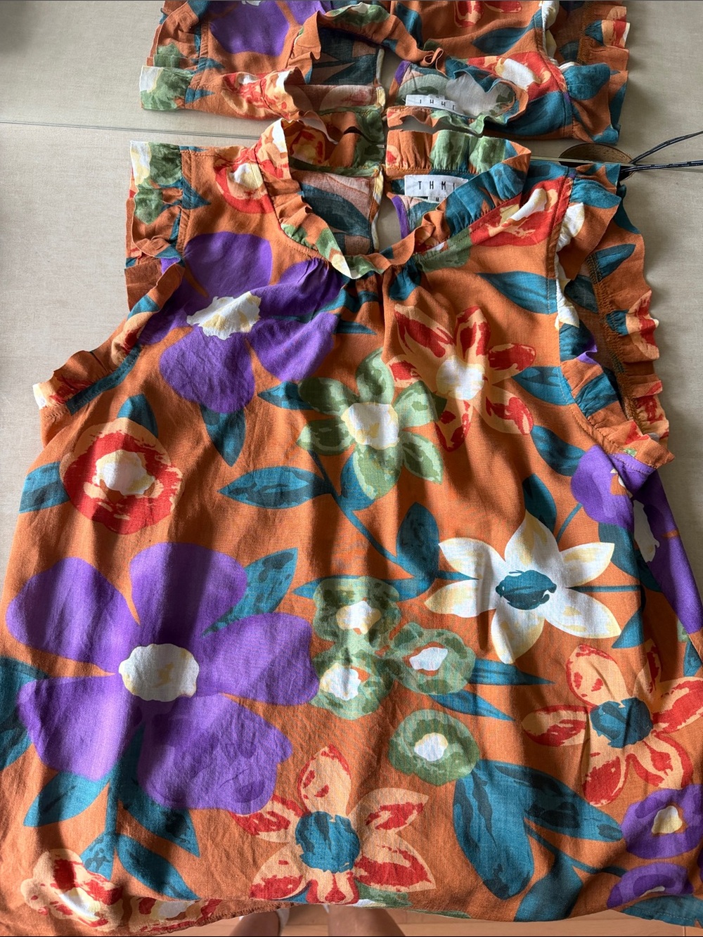 THML Orange Multi Floral Ruffle Sleeveless Blouse